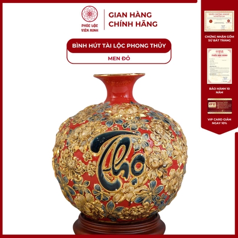 Bình Hút Lộc Phúc Lộc Thọ Liên Hoa Men Đỏ Vẽ Vàng Gốm Sứ Bát Tràng - Phúc Lộc Viên Minh