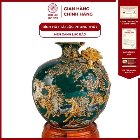 Bình Hút Lộc Mã Đáo Thành Công Men Xanh Lục Bảo Vẽ Vàng Gốm Sứ Bát Tràng - Phúc Lộc Viên Minh
