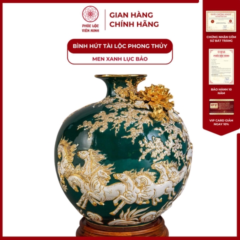 Bình Hút Lộc Mã Đáo Thành Công Men Xanh Lục Bảo Họa Tiết Trắng Vẽ Vàng Gốm Sứ Bát Tràng - Phúc Lộc Viên Minh