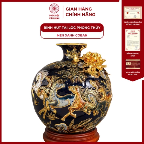 Bình Hút Lộc Mã Đáo Thành Công Men Xanh Coban Vẽ Vàng Gốm Sứ Bát Tràng - Phúc Lộc Viên Minh