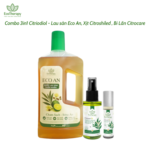 Combo 3in1 Citriodiol - Lau sàn Eco An 1000ml, Xịt Citroshiled 50ml , Bi Lăn Citrocare 9ml Thiên Nhiên An Toàn