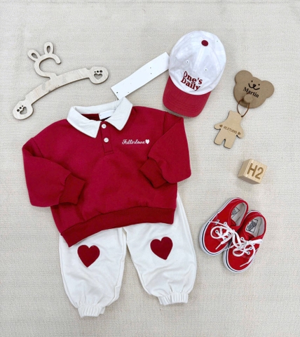 SET BỘ DÀI ÁO POLO ĐỎ PHỐI CỔ TRẮNG QUẦN NỈ TRẮNG BÉ TRAI BÉ GÁI