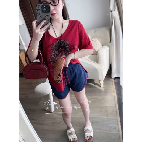 SET BỘ ÁO THUN ĐỎ CÔ GÁI MIX QUẦN CHUN XANH NỮ