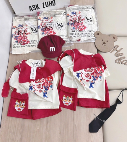 SET ÁO PHÔNG BE MIX QUẦN ĐỎ KÈM CHOÀNG VAI VÀ TÚI LÂN BÉ TRAI