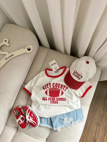 SÉT ÁO COTTON CITY COUNTY ĐỎ PHỐI QUẦN JEAN RÁCH BÉ TRAI