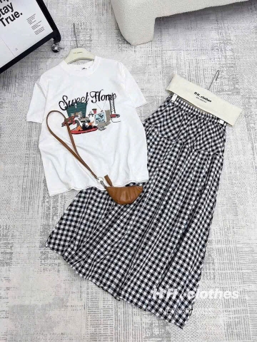 SET BỘ ÁO PHÔNG SWEET HOME MIX CHÂN VÁY KẺ NỮ