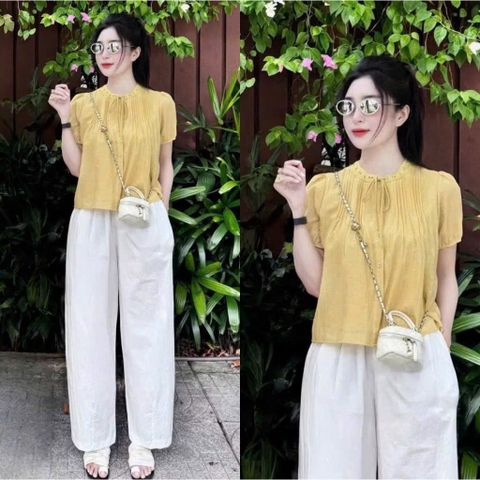SET BỘ ÁO TƠ LI PHỐI CỔ REN HAI LỚP MIX QUẦN BAGGY NỮ SẴN