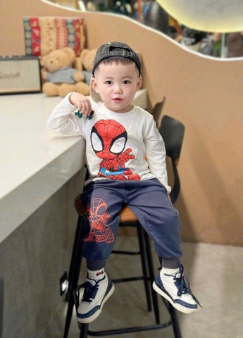BỘ NGƯỜI NHỆN DÀI TAY ÁO TRẮNG QUẦN NỈ XANH THAN CHO BÉ TRAI