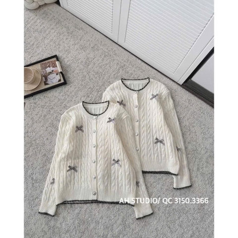 ÁO LEN CARDIGAN MÀU KEM ĐÍNH NƠ NỮ THU ĐÔNG