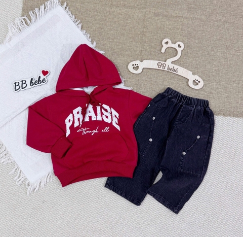 SET BỘ DÀI PRAISE ÁO HOODY NỈ HAI DA ĐỎ QUẦN BÒ BÉ TRAI SẴN