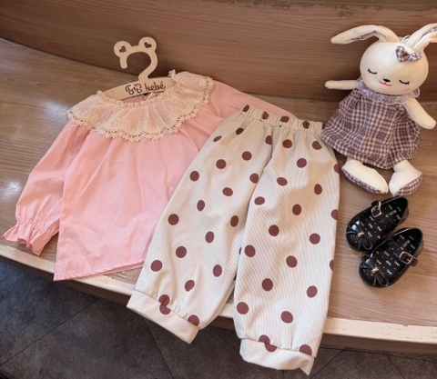 SET BỘ DÀI ÁO BABYDOLL PHỐI REN MIX QUẦN CHẤM BI BÉ GÁI (XẢ 50k)