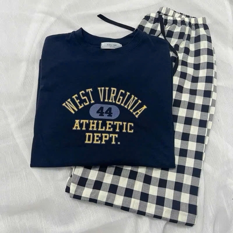 SET BỘ DÀI ÁO THAN COTTON QUẦN KẺ WEST NỮ THU ĐÔNG