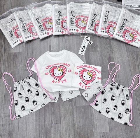 SÉT BỘ ÁO TRẮNG QUẦN SHORT IN TRÀN KITTY TẶNG BALO VẢI BÉ GÁI SẴN