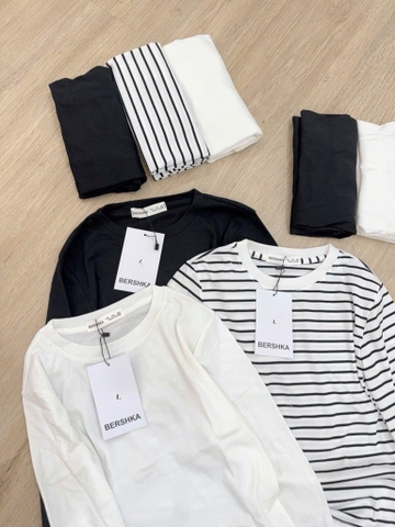 SET 3 ÁO THUN ZIP BSKK ĐEN KẺ TRẮNG NỮ THU ĐÔNG