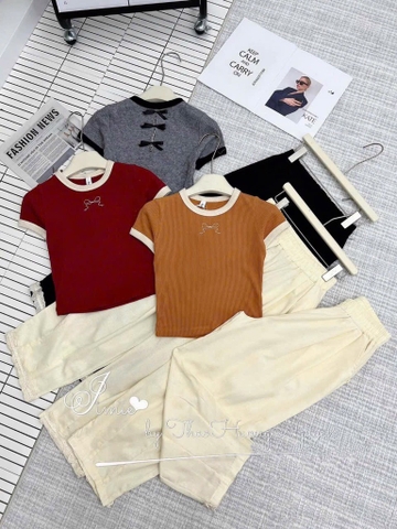 SET BỘ NỮ THÊU NƠ ÁO MIX QUẦN DÀI REN GẤU SẴN (SALE 99k)