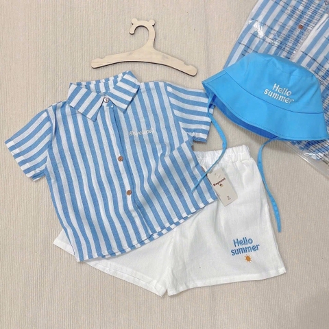 SET ÁO SƠ MI KẺ XANH QUẦN ĐÙI HELLO SUMMER BÉ TRAI