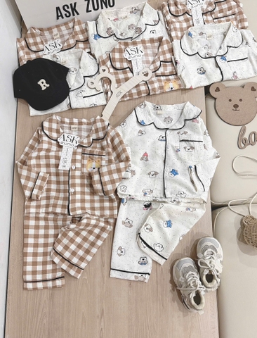 SET 2 BỘ DÀI PIZAMA KẺ NÂU CHÓ CÚN BÉ TRAI SẴN