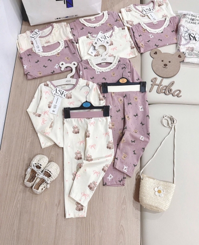 SET 2 BỘ DÀI COTTON GẤU NƠ MÀU HỒNG TÍM - BE BÉ GÁI
