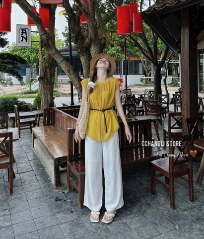 SET ÁO VÀNG QUẦN SUÔNG KÈM ĐAI NỮ