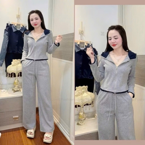 BỘ DÀI TĂM MŨ THÊU MÈO MÀU XÁM NỮ THU ĐÔNG SẴN
