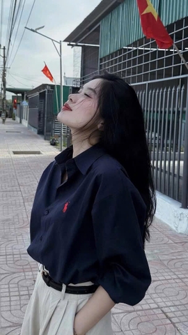 ÁO SƠ MI XANH THAN THÊU NGỰA DÀI TAY NỮ SẴN( XẢ 75k )