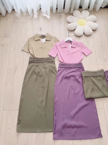 SET CHÂN VÁY LI EO MIXX ÁO DÍP CỔ V NỮ