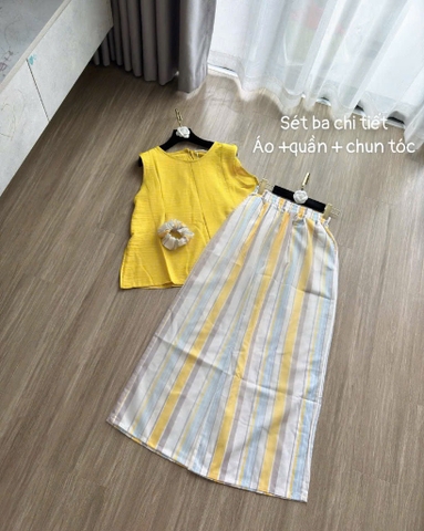 SET ÁO VÀNG QUẦN KẺ KÈM CHUN TÓC NỮ SẴN