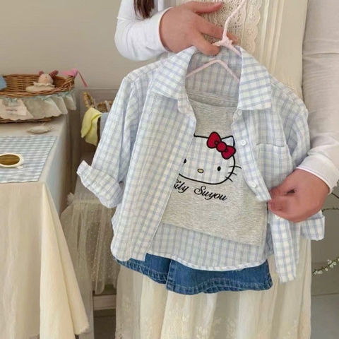SÉT 3 CHI TIẾT ÁO 2 DÂY SƠ MI KẺ QUẦN VÁY JEAN KITTY BÉ GÁI