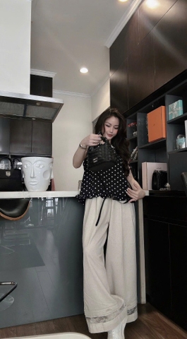 SET ÁO CHẤM BI ĐEN QUẦN SUÔNG NỮ SẴN