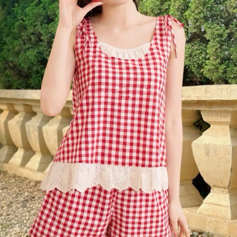 SET KẺ CARO ĐỎ NỮ PHỐI REN SẴN
