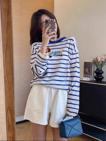 SET BỘ ÁO KẺ XANH DÀI TAY KÈM QUẦN ĐÙI NỮ THU ĐÔNG
