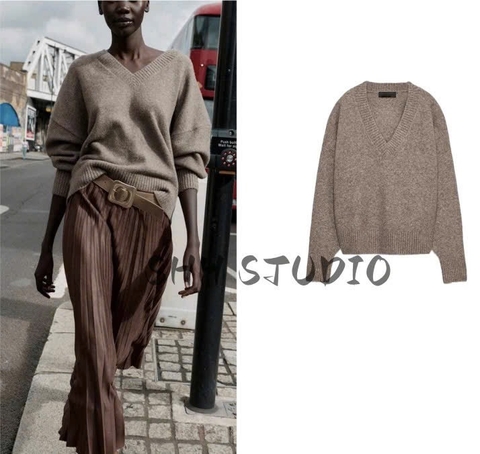 ÁO LEN CỔ TIM MÀU NÂU NỮ