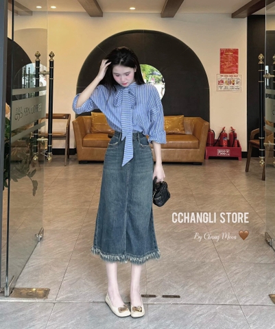 CHÂN VÁY BÒ NỮ DÀI TUA RUA SẴN