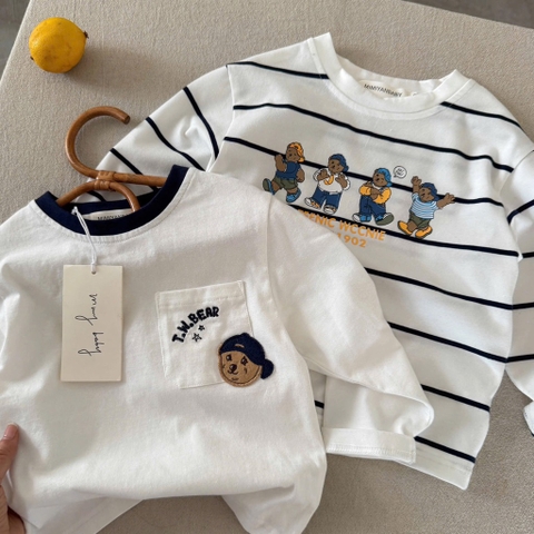 SET 2 ÁO GẤU KẺ TRẮNG DÀI TAY BÉ TRAI