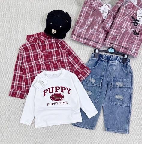 SET DÀI ÁO PHÔNG QUẦN BÒ KÈM SƠ MI KẺ ĐỎ BÉ TRAI