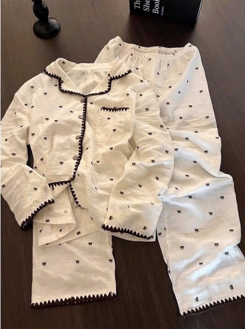 SET DÀI PIJAMA GẤU VIỀN LEN NỮ THU ĐÔNG SẴN