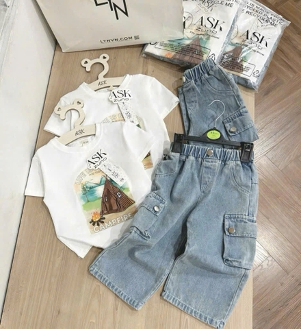 SET ÁO PHÔNG ÉP HÌNH CAMPFIRE QUẦN JEAN TÚI HỘP CHO BÉ TRAI