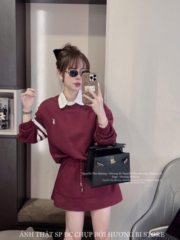 SET ÁO THÊU NGỰA VÁY NGẮN ĐỎ MẬN NỮ THU ĐÔNG