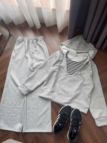 SET BỘ XÁM ÁO HOODY CỔ PHỐI KẺ NỮ THU ĐÔNG SẴN