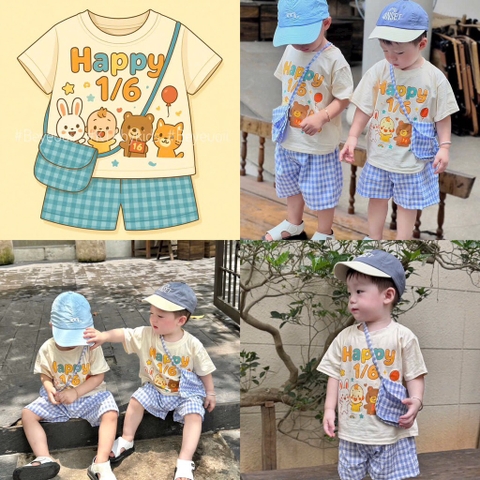 SÉT HAPPY 1/6 CHO BÉ TRAI BÉ GÁI MIX QUẦN CARO KÈM TÚI ĐEO CHÉO 3CT SẴN