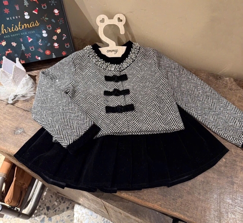 SÉT ÁO DẠ BLING DÀI TAY CV NHUNG XẾP LI XOÈ CHO BÉ GÁI