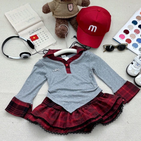 SET ÁO CỔ SƠ MI DÀI TAY CHÂN VÁY WANG CARO ĐỎ GHI BÉ GÁI