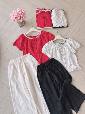 SET QUẦN BÈO GẤU MIX ÁO CHẤM BI PHỐI TƠ CÚC BỌC NỮ