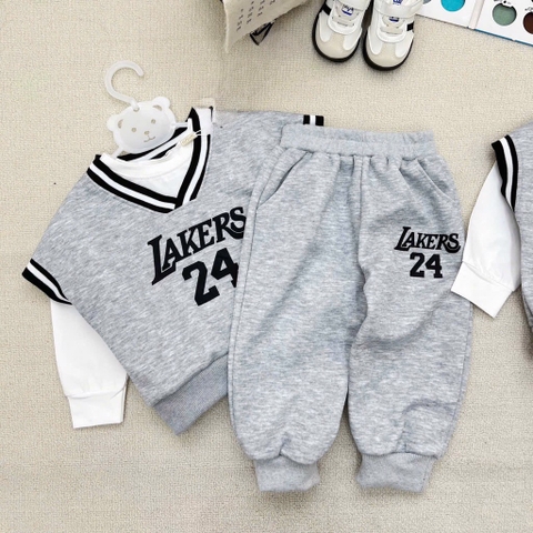 SÉT 3 CHI TIẾT GILE ÁO TRẮNG DÀI TAY QUẦN THỂ THAO GHI LAKERS 24 CHO BÉ TRAI BÉ GÁI