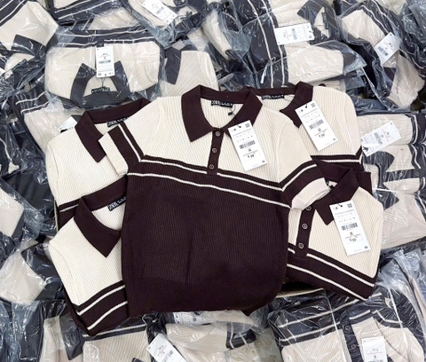 ÁO LEN CỘC POLO NÂU PHỐI BE SIÊU TÂY NỮ THU ĐÔNG
