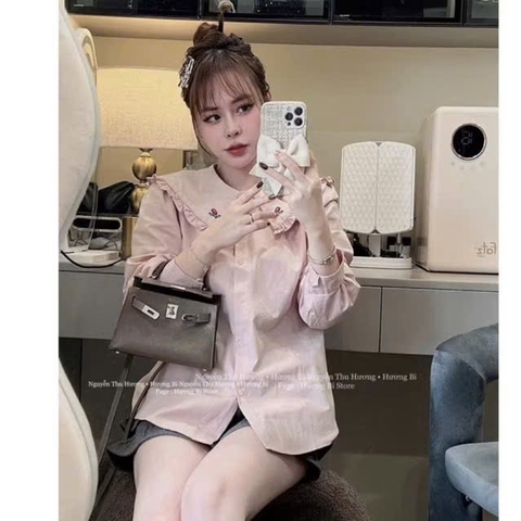 ÁO SƠ MI HỒNG CỔ THÊU HOA NỮ SẴN (SALE 75k)