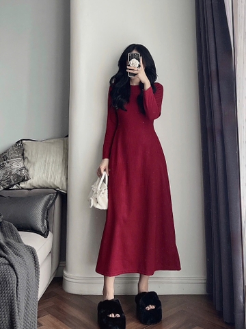 VÁY LEN TĂM DÁNG DÀI XÒE ĐỎ ĐÔ NỮ THU ĐÔNG SẴN