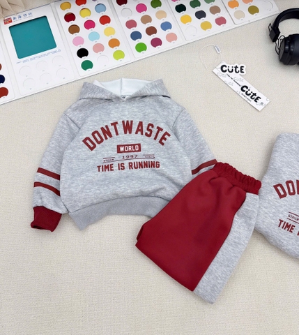 SÉT BỘ DÀI NỈ MŨ HAI DA TONE ĐỎ GHI DONT WASTE BÉ TRAI