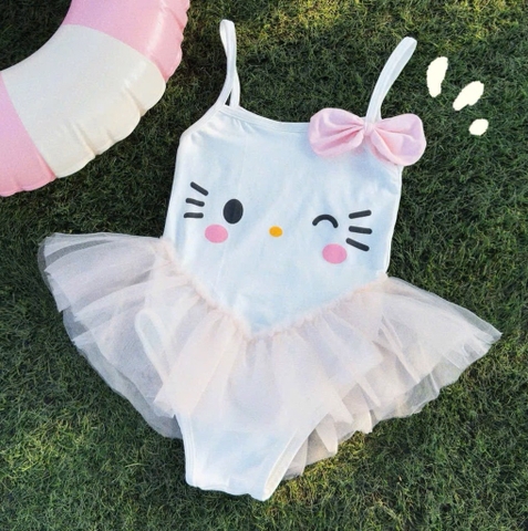 ĐỒ BƠI - BIKINI 2 DÂY KITTY TRẮNG VOAN BỒNG XOÈ CHO BÉ GÁI