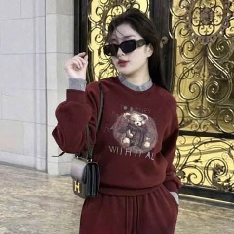 SET NỈ HAI DA ĐỎ ĐÔ GẤU NỮ THU ĐÔNG SẴN